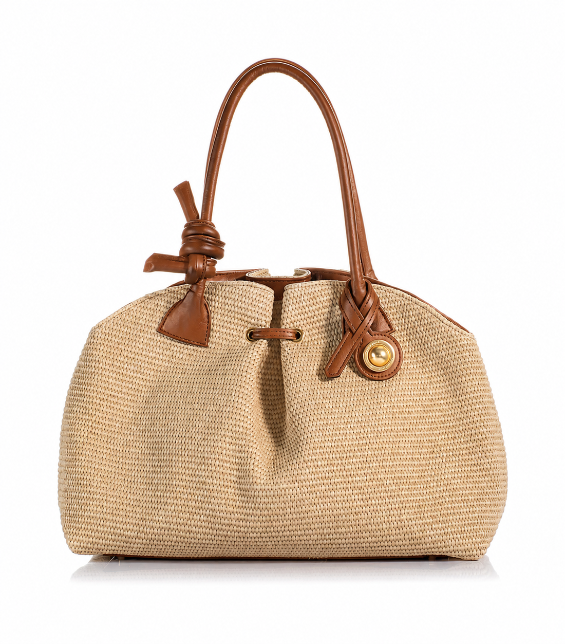 The Kooreloo Swan 2.0 Maxi handbag in Natural raffia with brown leather handle on a white background