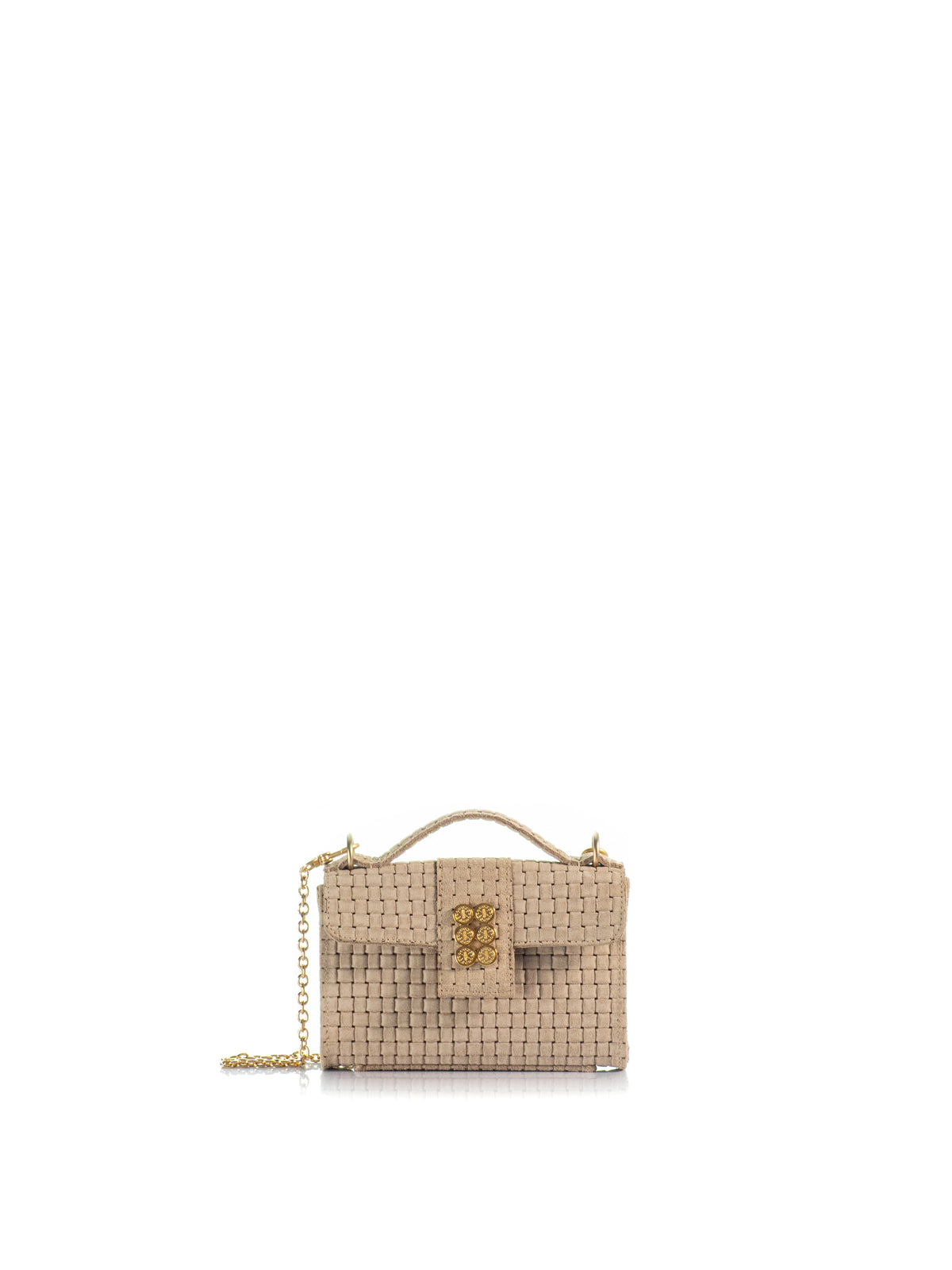 KOORELOO The Basset Envelope Mini in beige braided suede with top handle, signature gold-tone emblem and chain strap