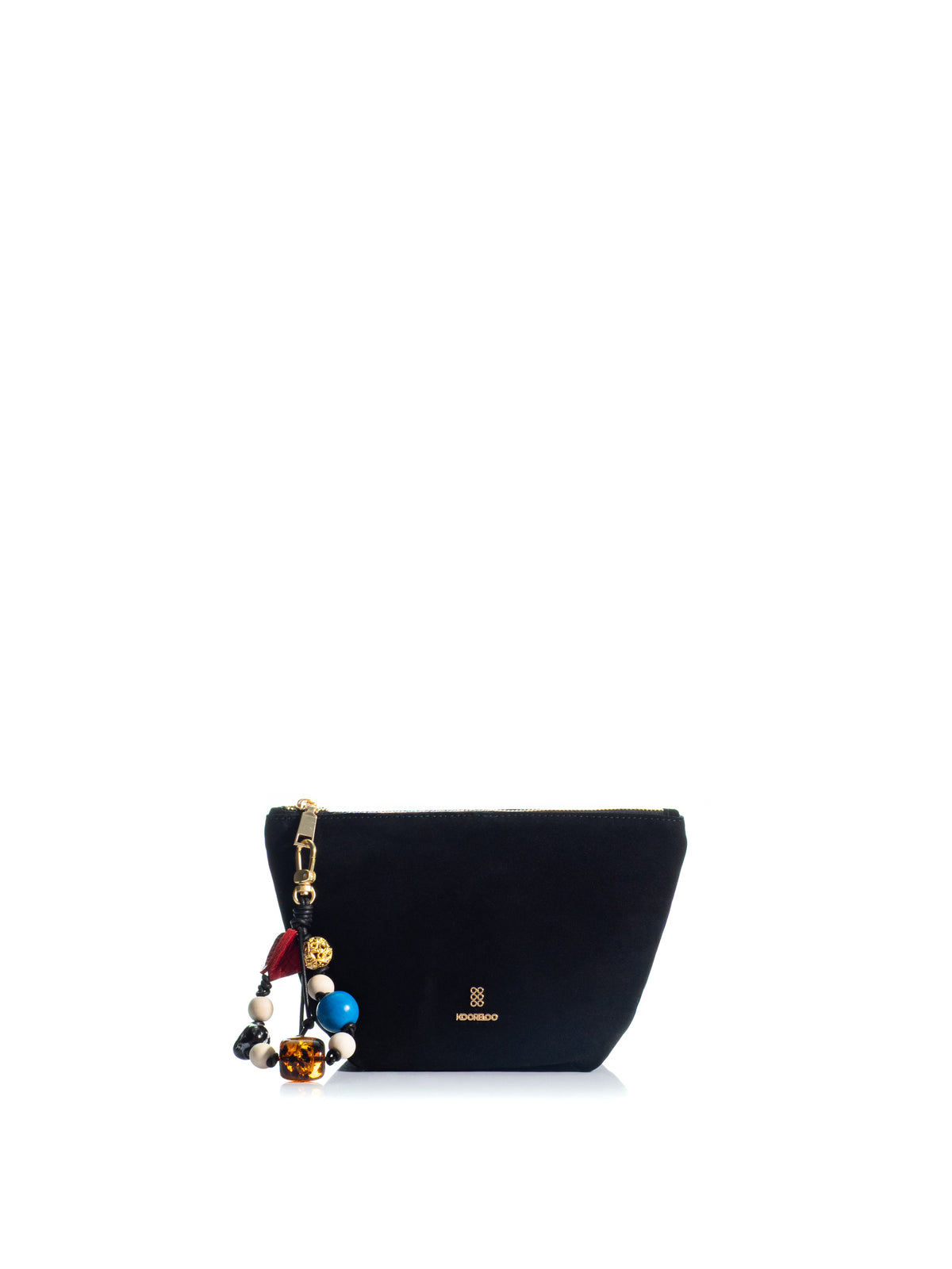 KOORELOO The Charming Pouch in black suede with curved silhouette, gold-tone logo, zip closure and colorful decorative beaded charm