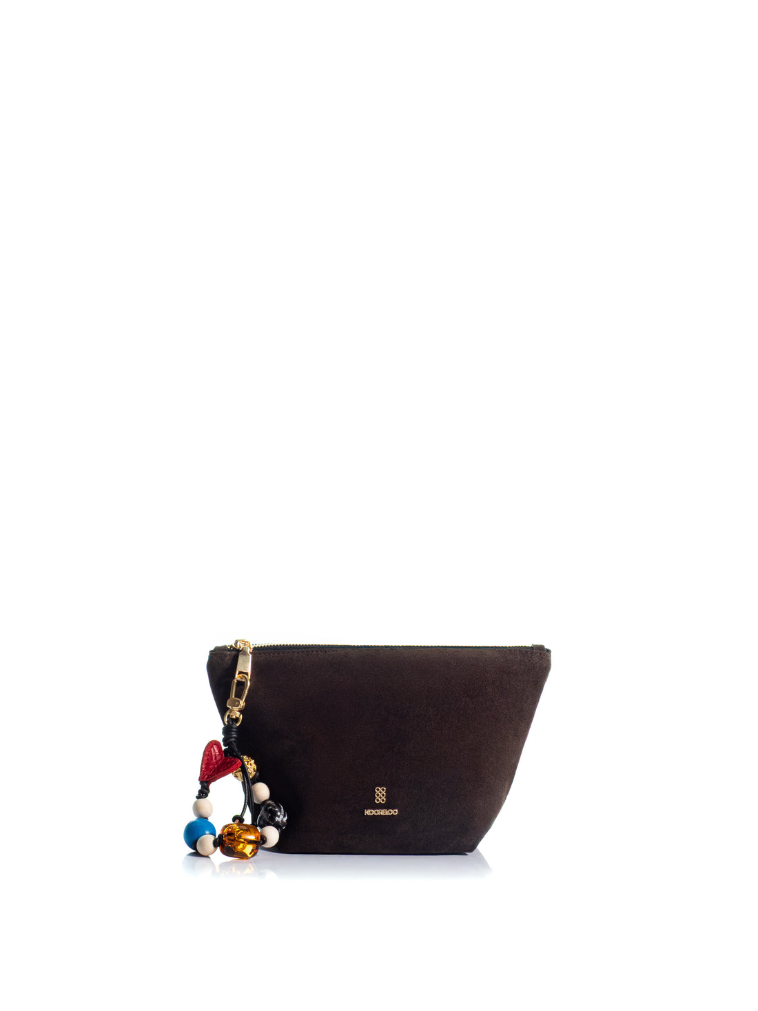 KOORELOO The Charming Pouch in dark brown suede with curved silhouette, gold-tone logo, zip closure and colorful decorative beaded charm