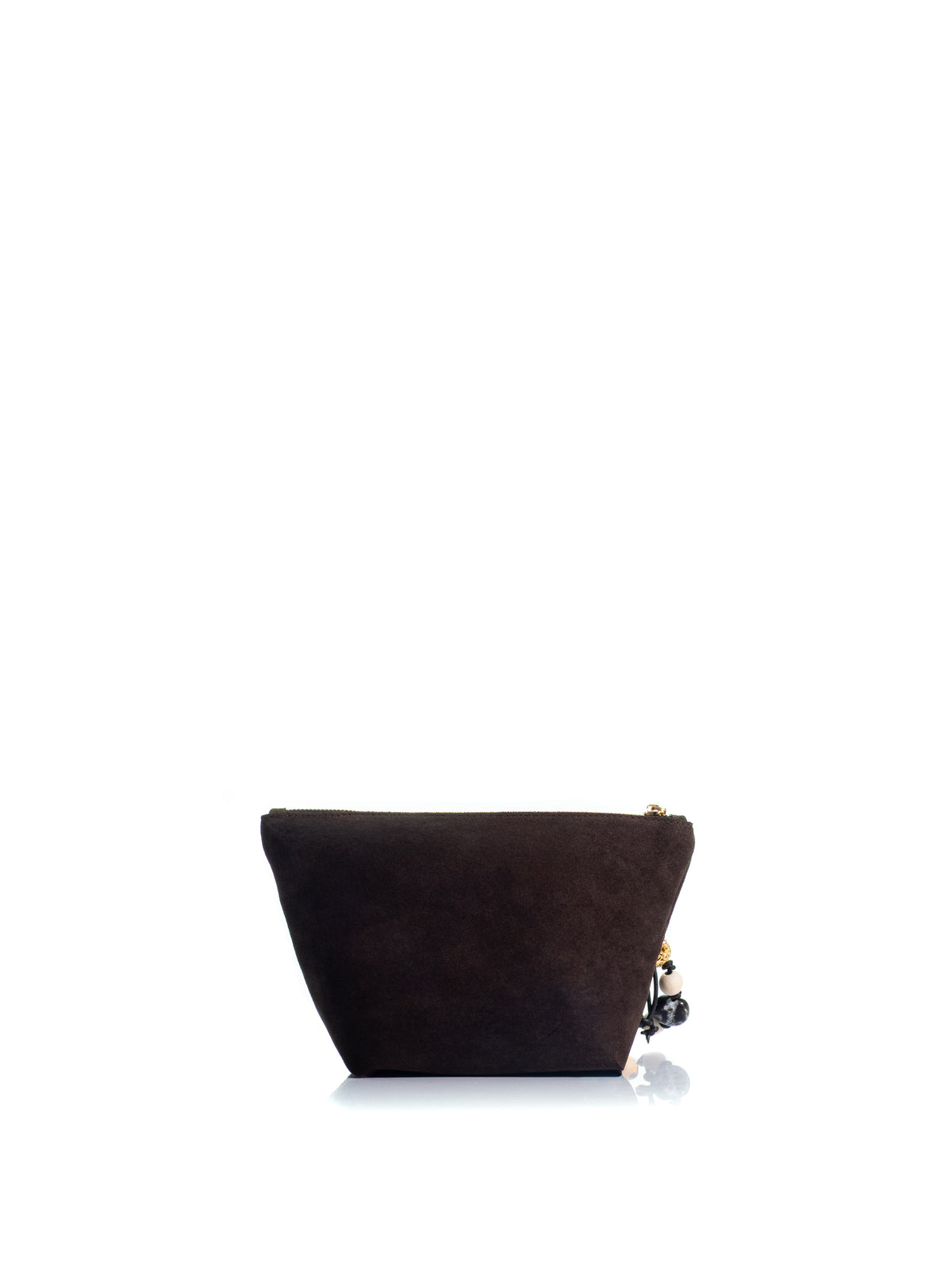 Back view of the KOORELOO Charming Pouch in dark brown suede with curved silhouette, gold-tone logo, zip closure and colorful decorative beaded charm