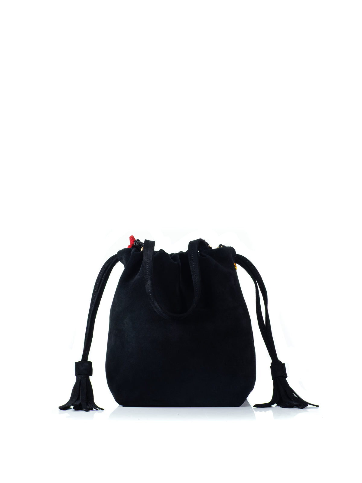 Back view of the KOORELOO Chatterbox Bucket in black suede with multicolor decorative beads, drawstring closure and tassel detailing