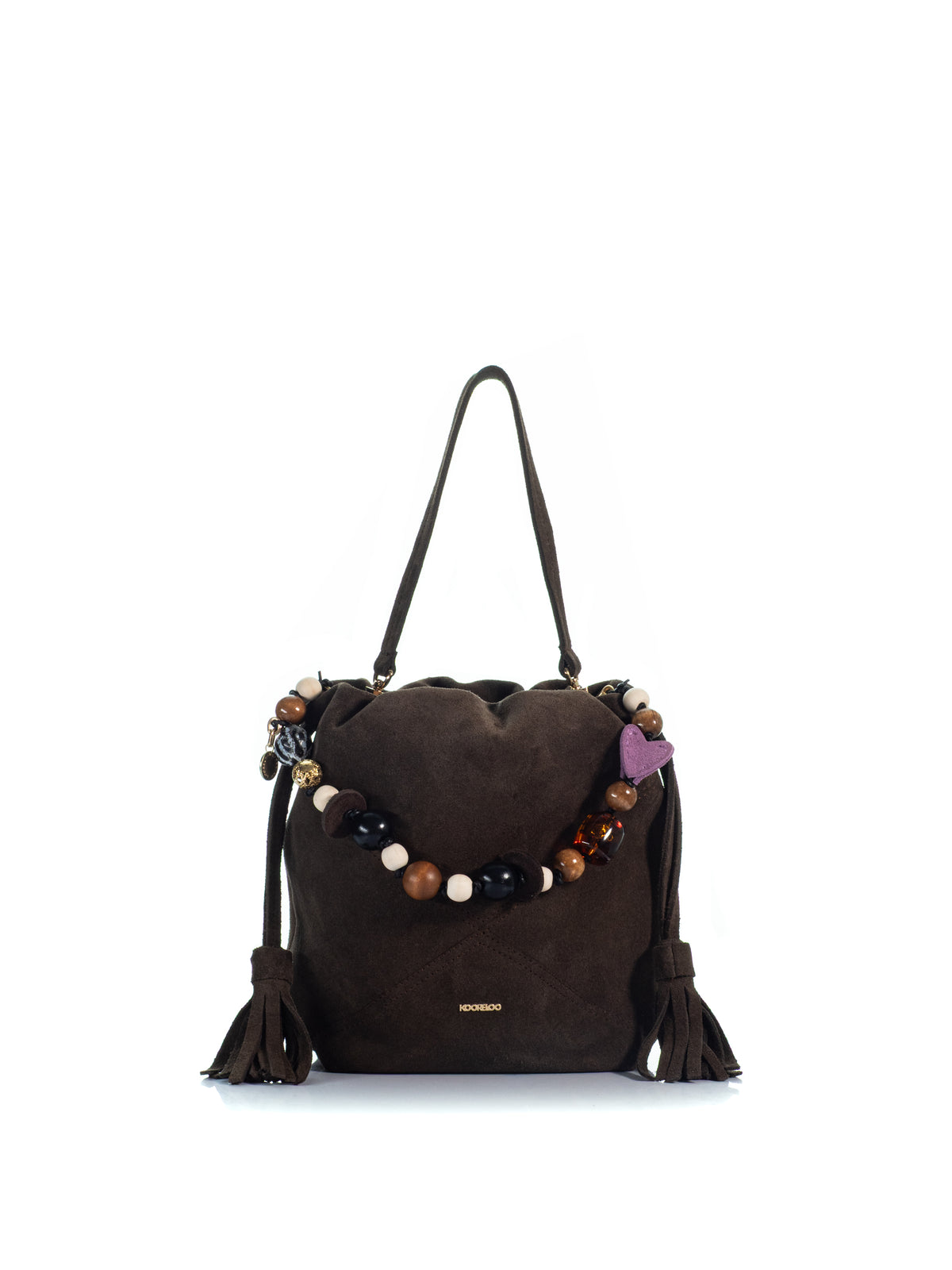 KOORELOO The Chatterbox Bucket in dark brown suede with multicolored bead charms, long suede tassels, gathered top and matching shoulder strap