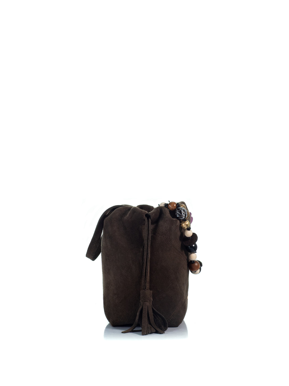 Side view of the KOORELOO Chatterbox Bucket in dark brown suede with multicolored bead charms, long suede tassels, gathered top and matching shoulder strap