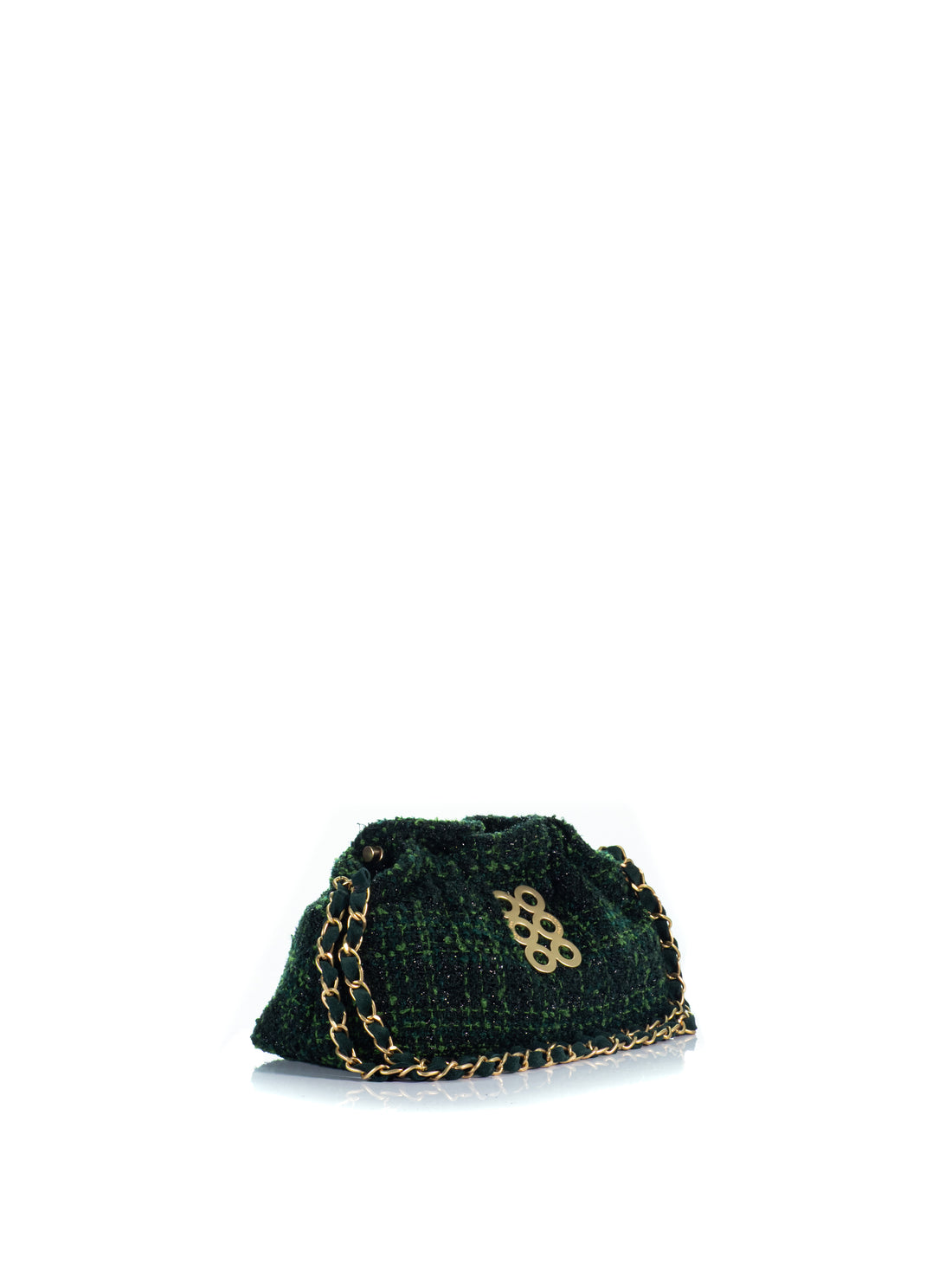 Side view of the KOORELOO Milano Pouch Mini in green tweed with a textured woven finish, gathered silhouette, gold-tone emblem and interwoven chain strap