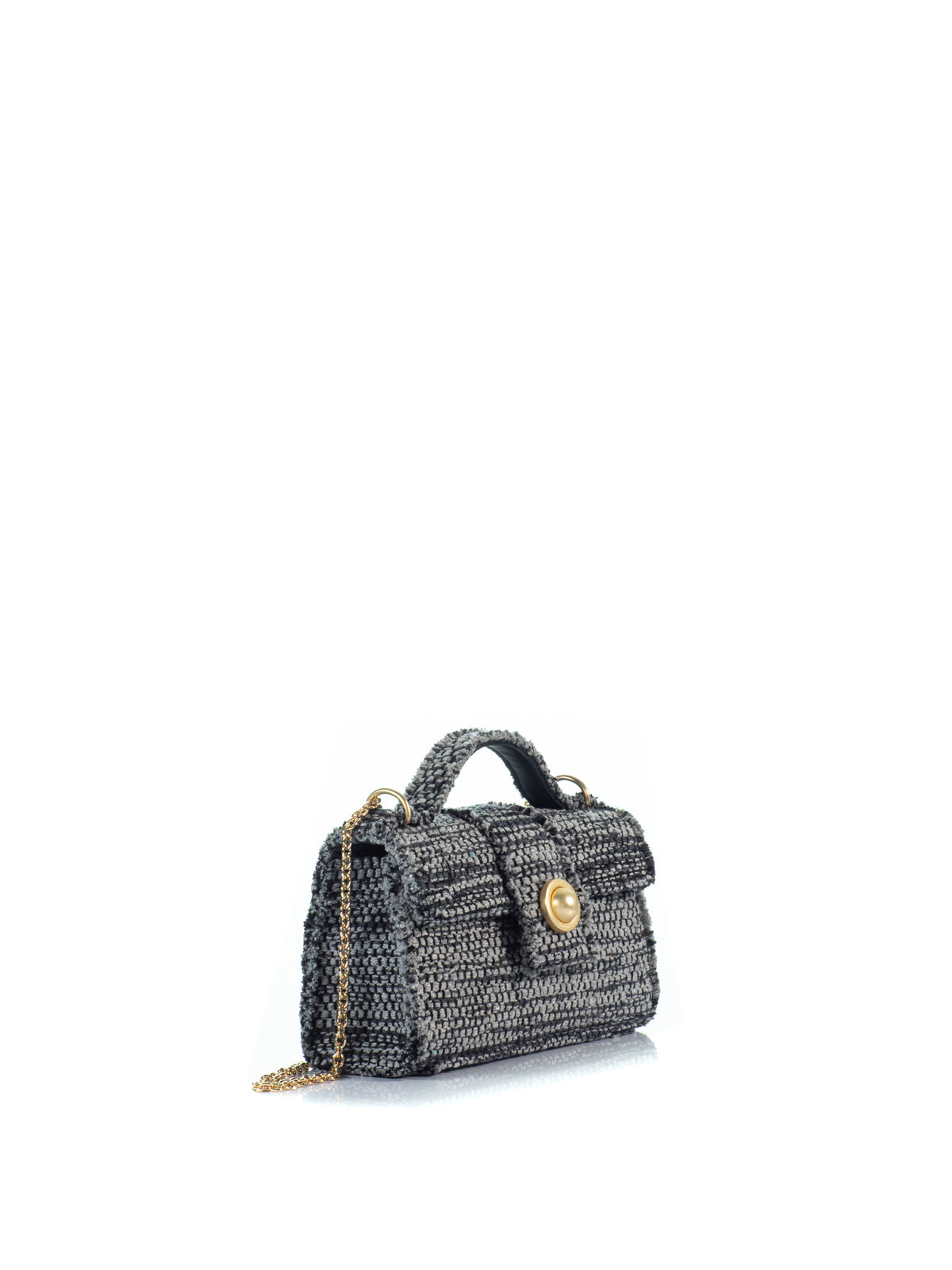 Side view of the KOORELOO The Noble Mini Grey Woven Fabric handbag with top handle, gold-tone front detail and chain strap