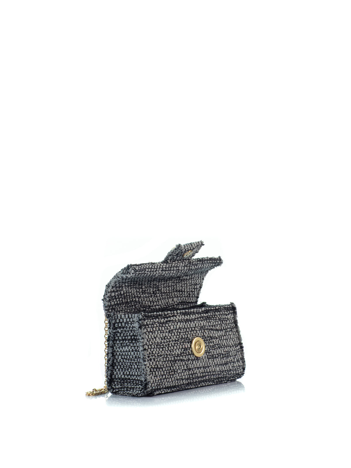 Open side view of the KOORELOO The Noble Mini Grey Woven Fabric handbag with top handle, gold-tone front detail and chain strap