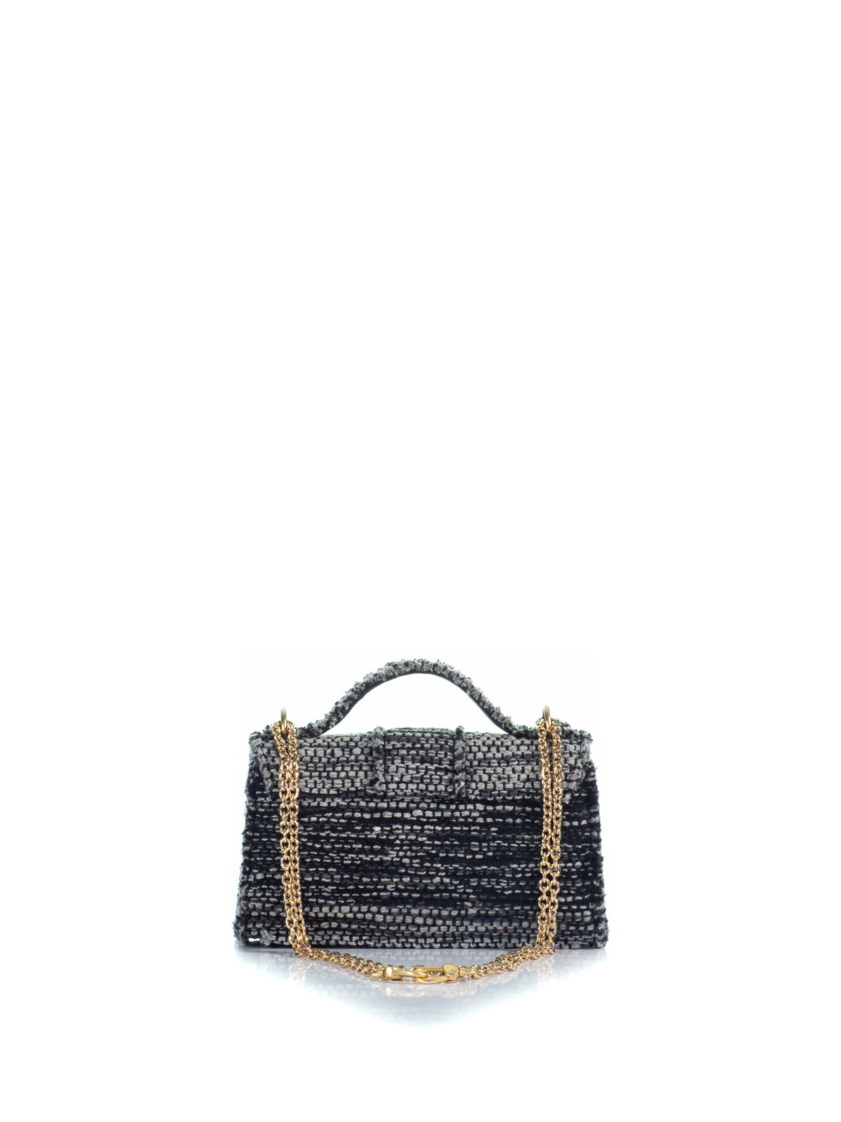 Back view of the KOORELOO The Noble Mini Grey Woven Fabric handbag with top handle, gold-tone front detail and chain strap