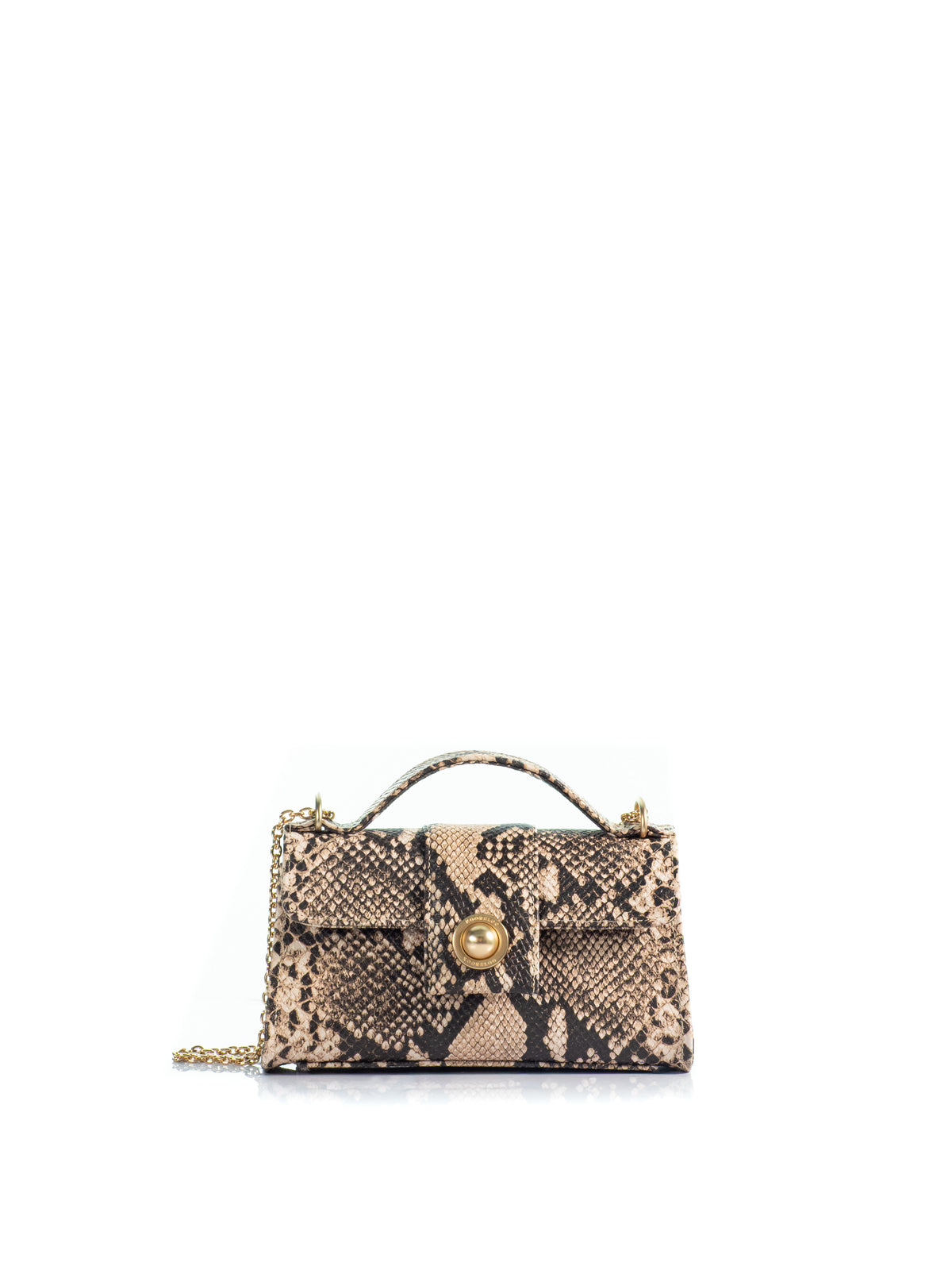 KOORELOO The Noble Mini Snake Print Leather handbag with top handle, signature gold-tone closure and chain strap