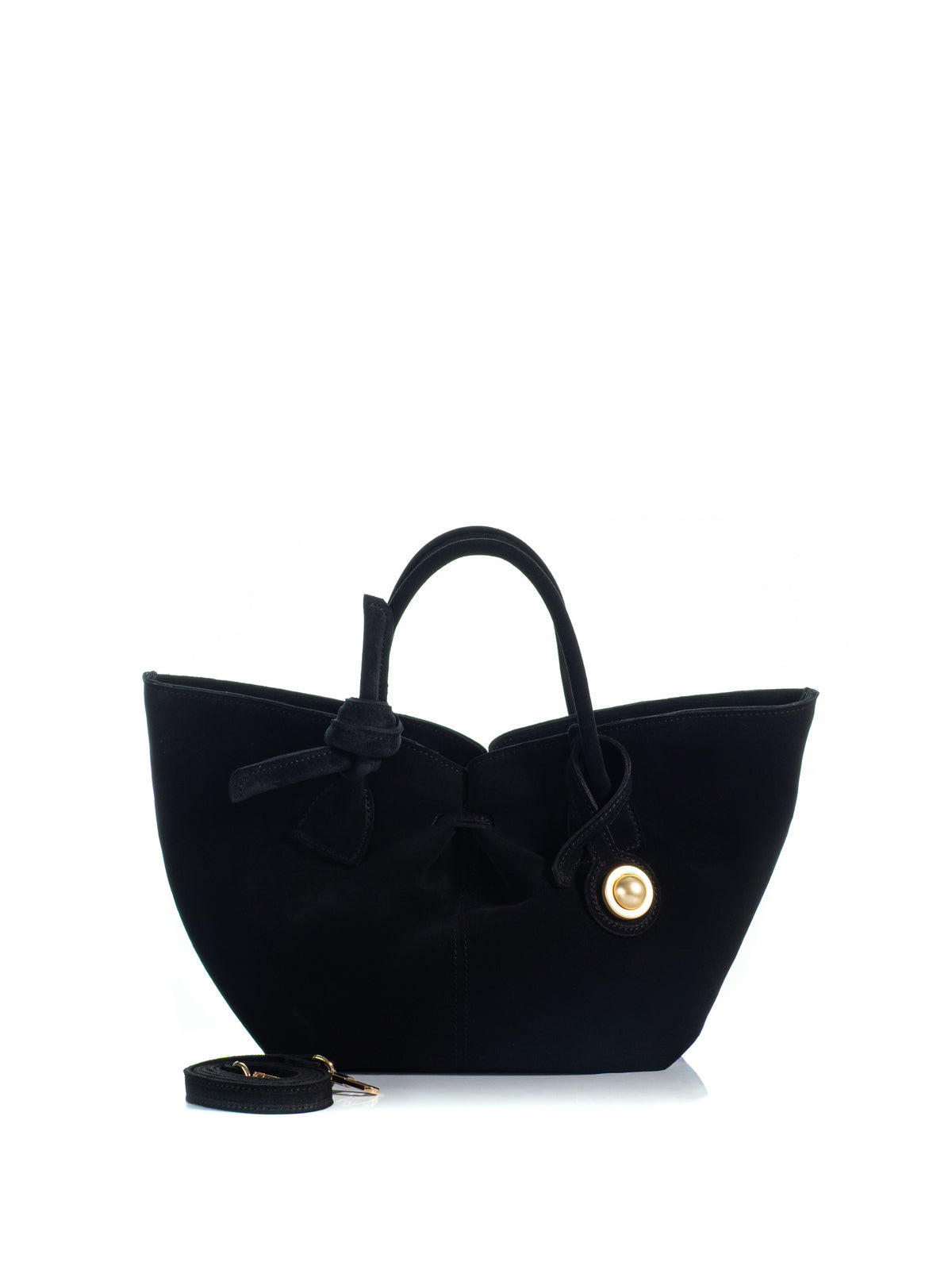 KOORELOO The Swan Belle in black suede with sculptural flared silhouette, knotted top handles, gold-tone circular detail and detachable shoulder strap