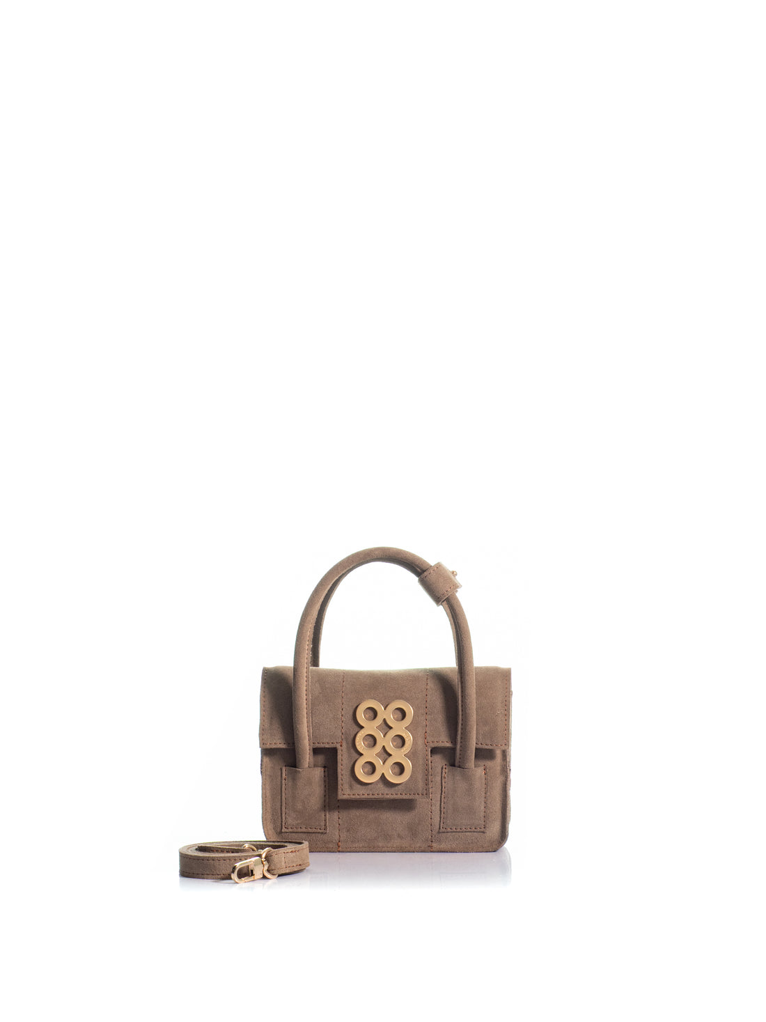 The Tribeca Petite brown suede top handle bag with gold-tone KOORELOO emblem and detachable crossbody strap