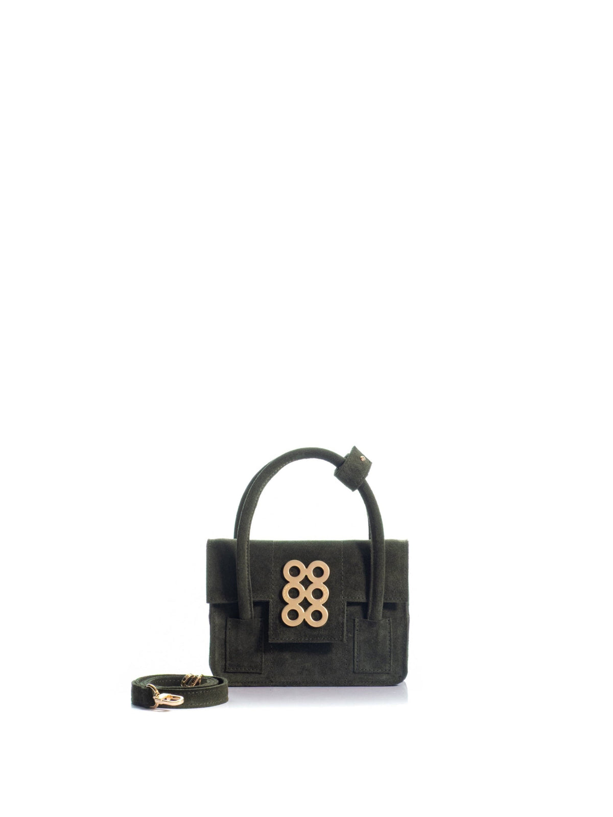 The Tribeca Petite Olive Green Suede top handle bag by KOORELOO with detachable shoulder strap