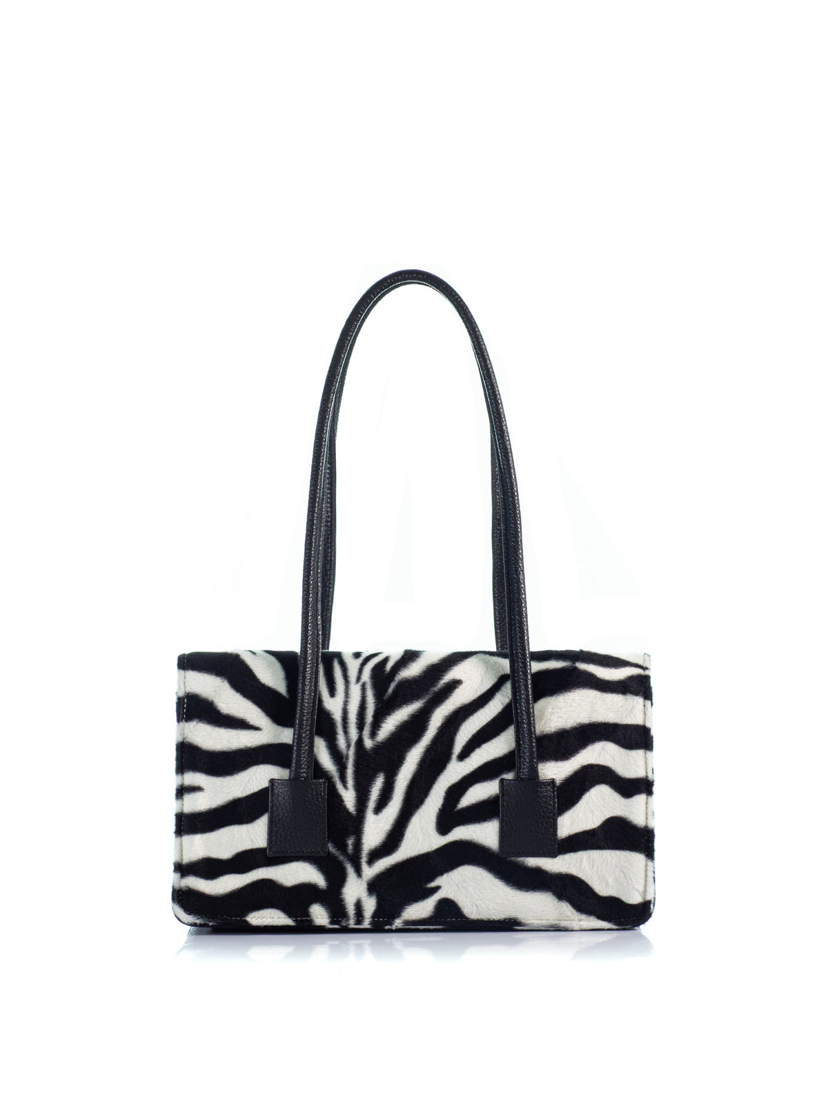 Back view of the KOORELOO Tribeca Zebra Pony Hair shoulder bag with black leather handles and signature gold-tone emblem