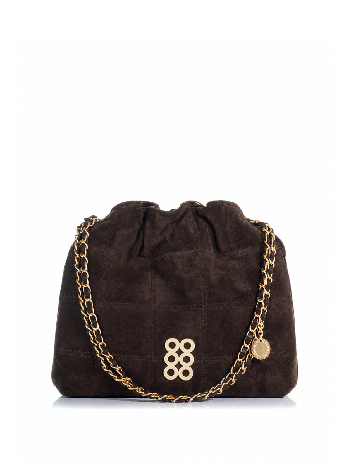 KOORELOO The Milano Shopper Dark Chocolate Suede shoulder bag with gold-tone chain and signature six-circle emblem