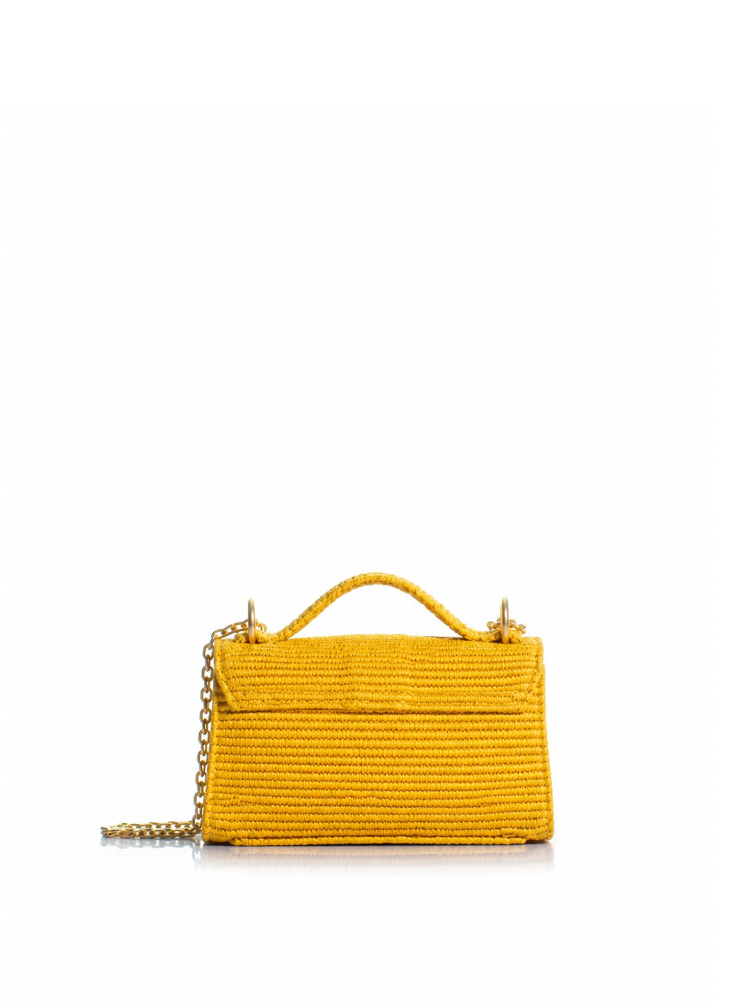 Back View of the KOORELOO yellow raffia top handle bag with gold-tone chain strap