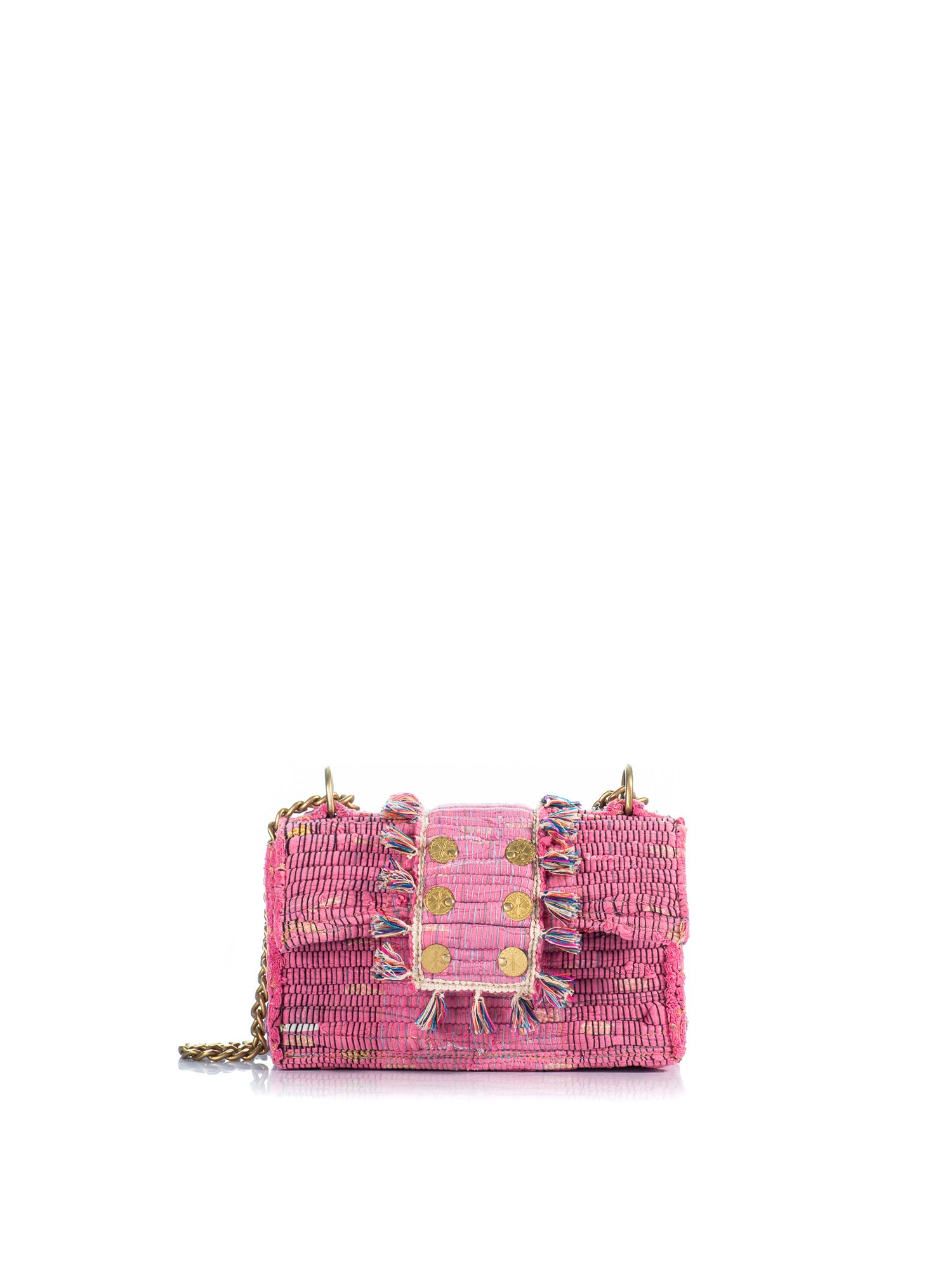 KOORELOO The New Yorker Soho pink woven bag with multicolor fringe and gold-tone details