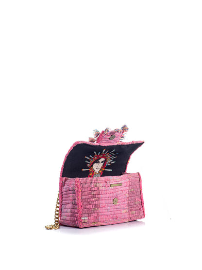 Open view of KOORELOO The New Yorker Soho pink woven bag