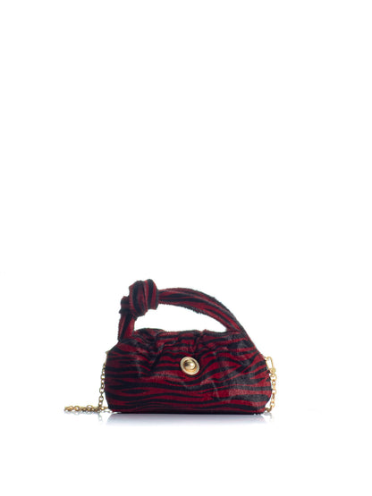 KOORELOO The Swan Mini Burgundy/Black Animal Print handbag with knotted top handle and gold-tone chain strap
