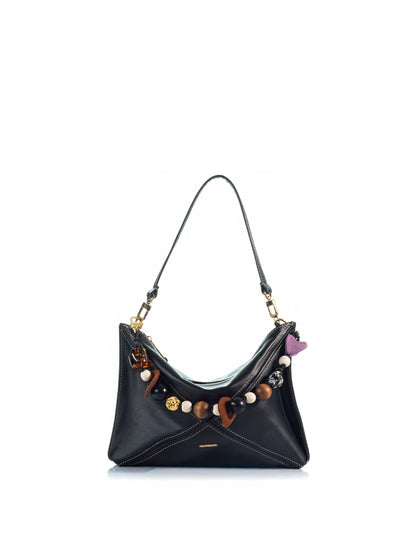 KOORELOO The Chatterbox Black Leather shoulder bag with handcrafted multicolor charms, beads and gold-tone hardware
