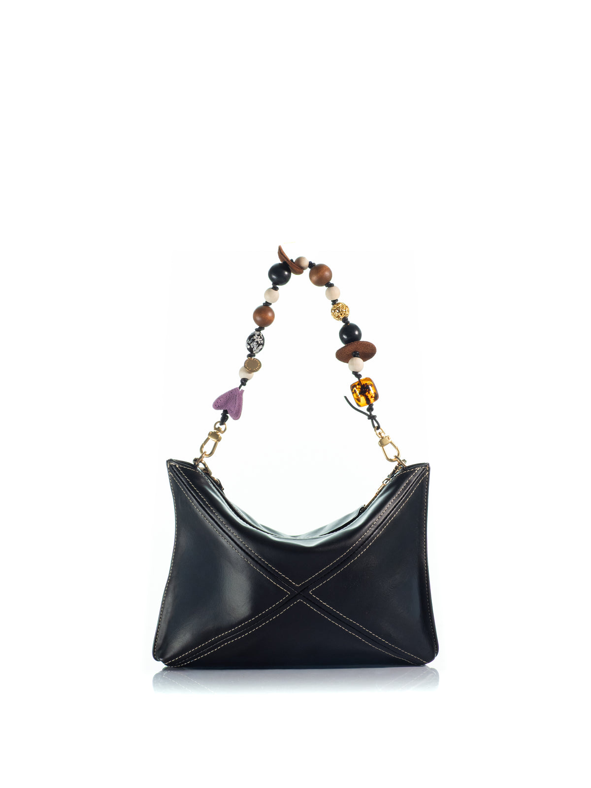 Back view of the KOORELOO Chatterbox Black Leather shoulder bag with handcrafted multicolor charms, beads and gold-tone hardware