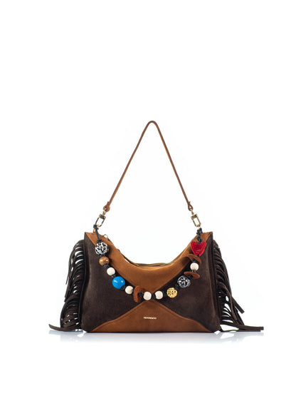 KOORELOO The Chatterbox Dark Brown/Cognac Suede shoulder bag with fringed sides and handcrafted multicolor charms