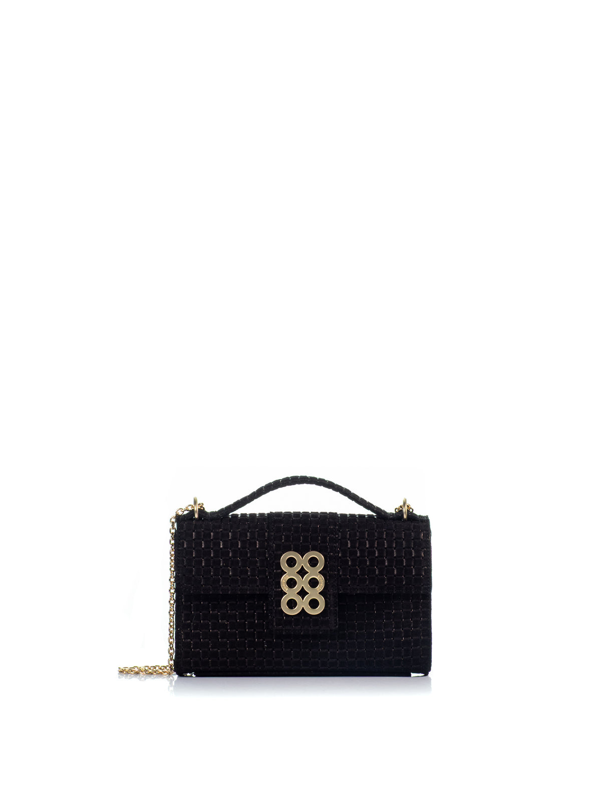 KOORELOO The Basset Envelope in black braided suede with top handle, signature gold-tone emblem and chain strap