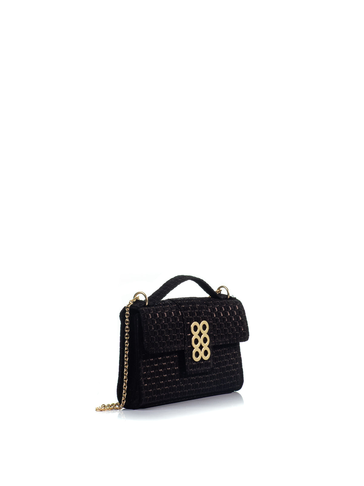 Side view of the KOORELOO Basset Envelope in black braided suede with top handle, signature gold-tone emblem and chain strap