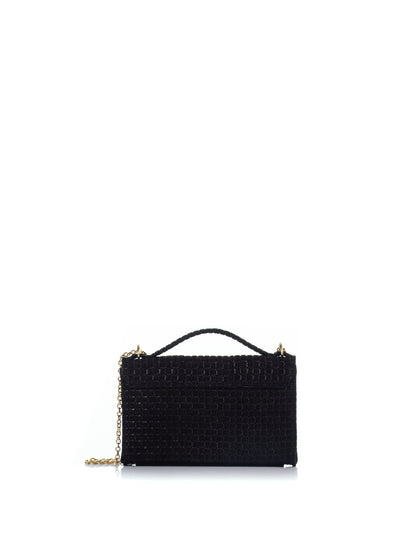 Back view of the KOORELOO Basset Envelope in black braided suede with top handle, signature gold-tone emblem and chain strap