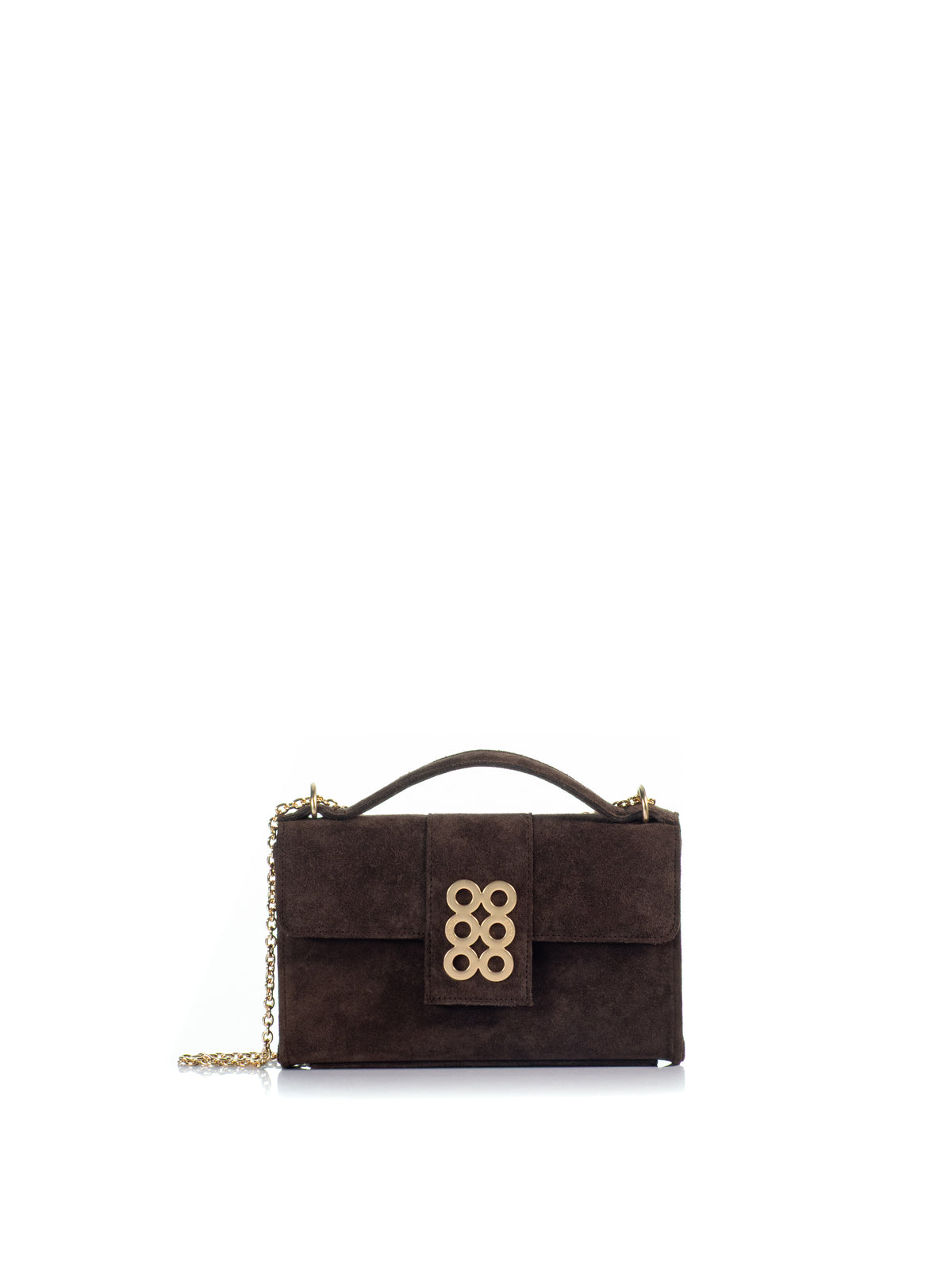 KOORELOO The Basset Envelope in dark brown suede with structured rectangular silhouette, top handle, signature gold-tone six-circle emblem and chain strap