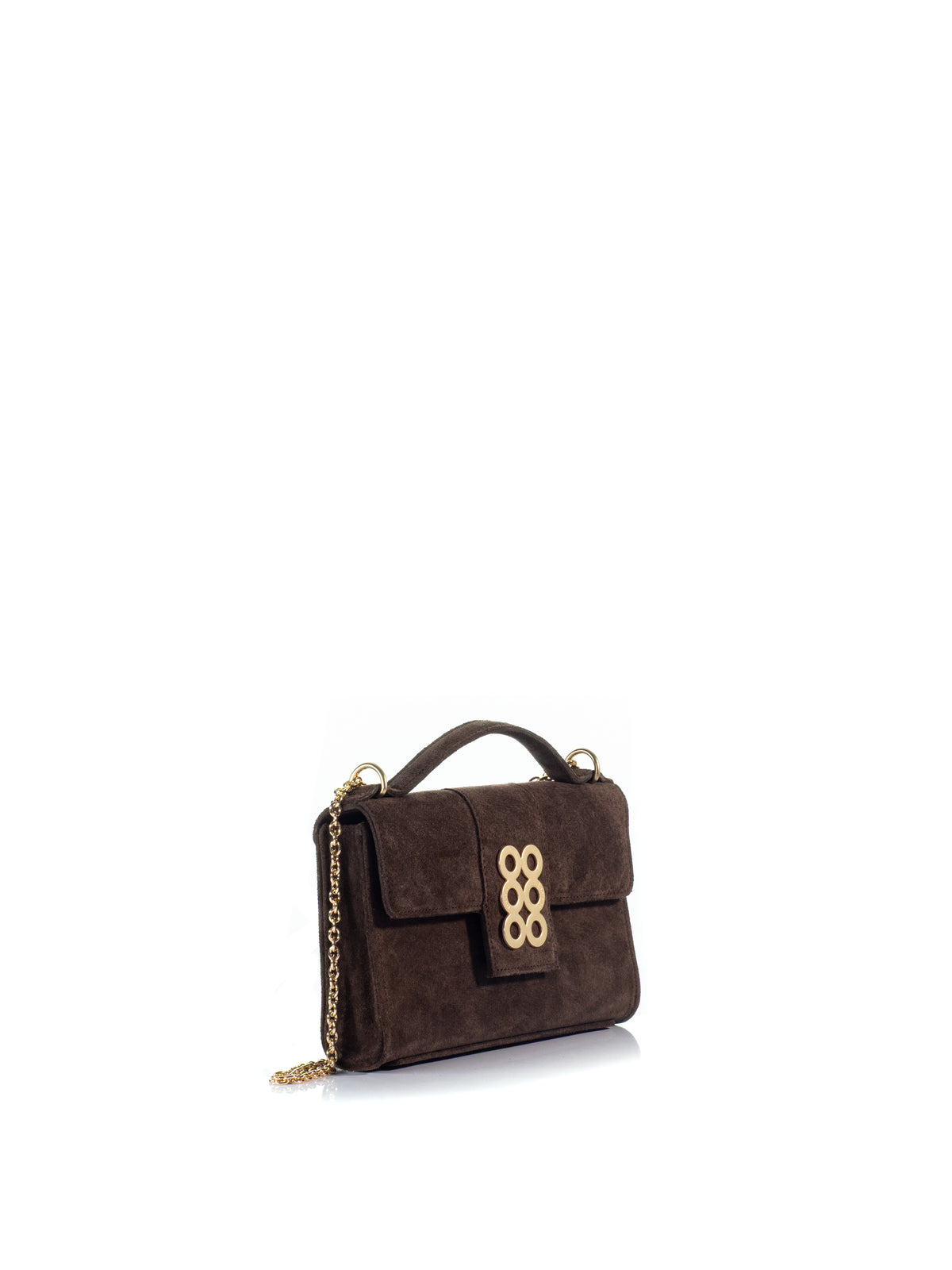 Side view of the KOORELOO Basset Envelope in dark brown suede with structured rectangular silhouette, top handle, signature gold-tone six-circle emblem and chain strap