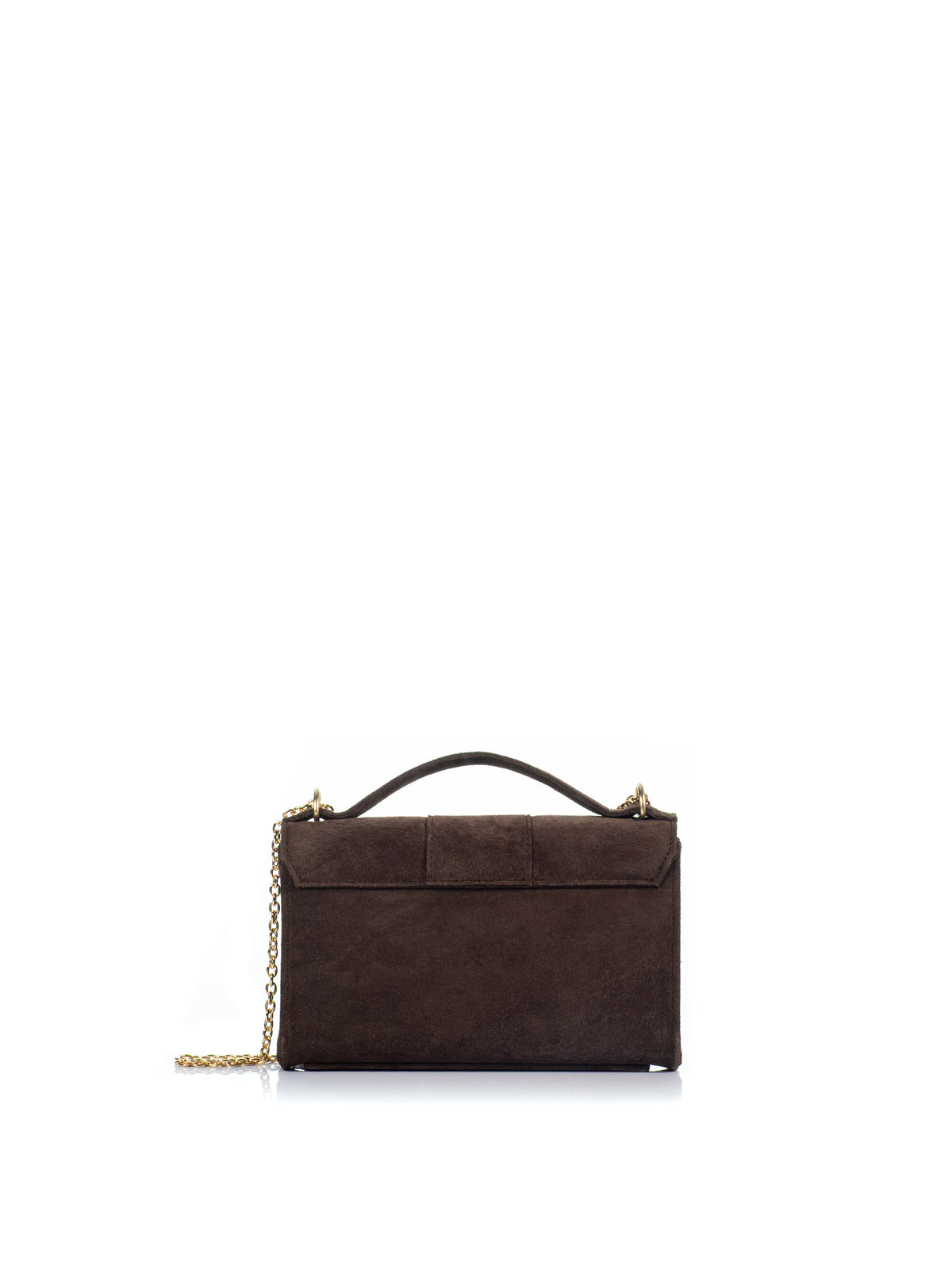 Back view of the KOORELOO Basset Envelope in dark brown suede with structured rectangular silhouette, top handle, signature gold-tone six-circle emblem and chain strap
