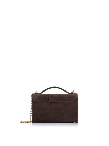 Back view of the KOORELOO Basset Envelope in dark brown suede with structured rectangular silhouette, top handle, signature gold-tone six-circle emblem and chain strap
