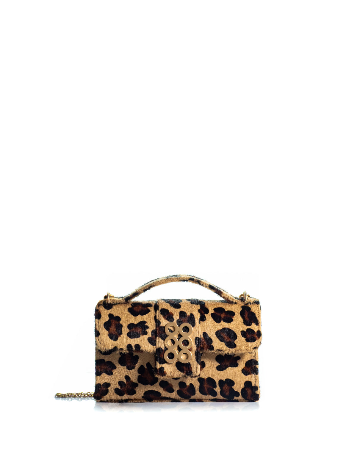 KOORELOO The Basset Envelope in camel, brown and black leopard-print pony hair with structured flap, top handle, gold-tone six-circle emblem and chain strap