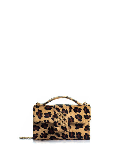KOORELOO The Basset Envelope in camel, brown and black leopard-print pony hair with structured flap, top handle, gold-tone six-circle emblem and chain strap
