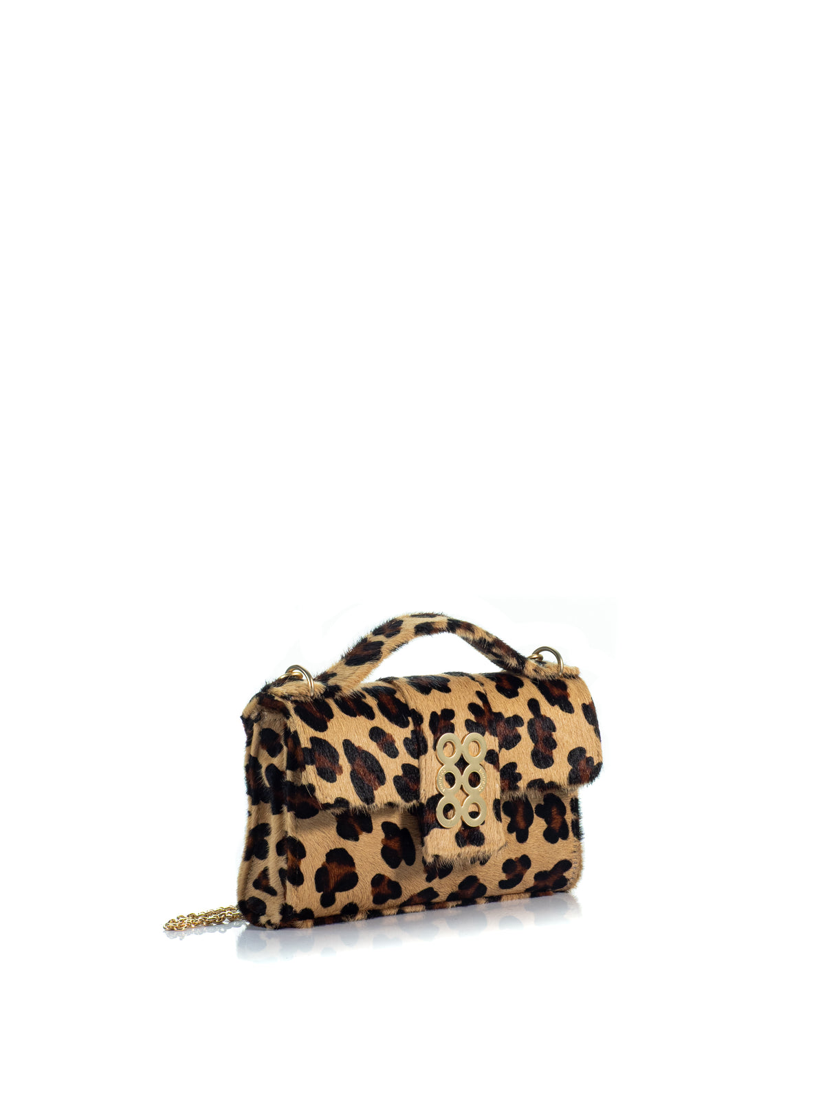 Side view of the KOORELOO Basset Envelope in camel, brown and black leopard-print pony hair with structured flap, top handle, gold-tone six-circle emblem and chain strap