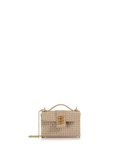 KOORELOO The Basset Envelope Mini in beige braided suede with top handle, signature gold-tone emblem and chain strap