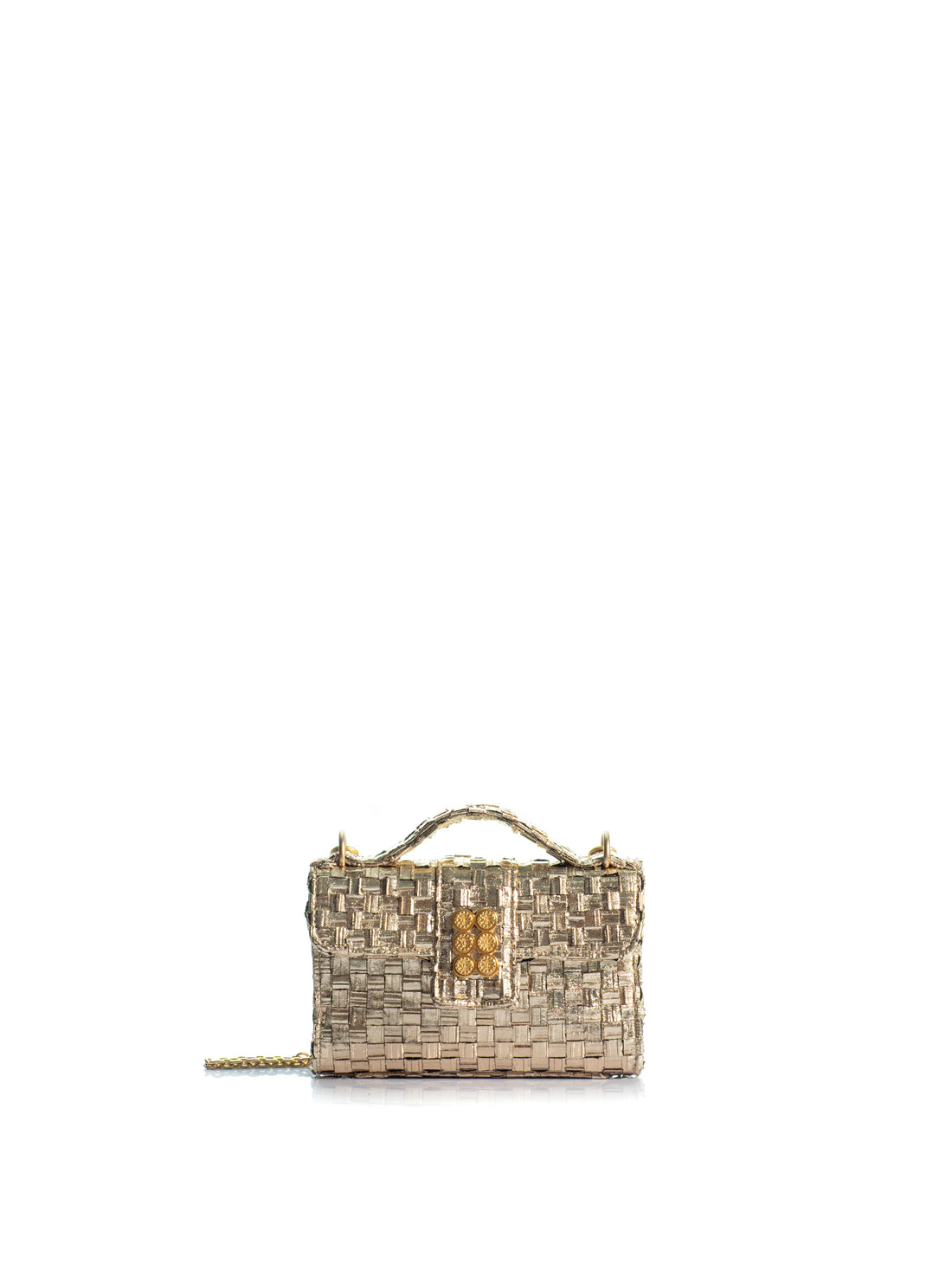KOORELOO The Basset Envelope Mini Gold Braid handbag with metallic woven texture, structured flap, top handle, gold-tone emblem and chain strap