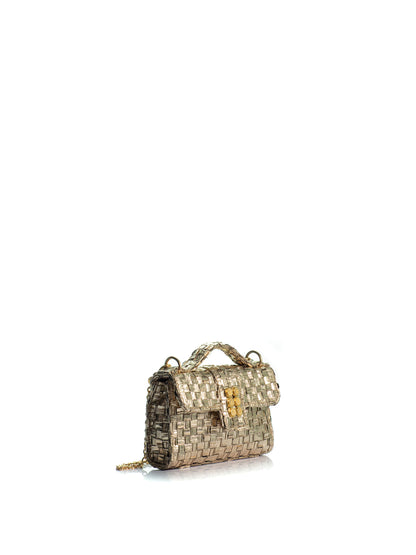 Side view of the KOORELOO Basset Envelope Mini Gold Braid handbag with metallic woven texture, structured flap, top handle, gold-tone emblem and chain strap