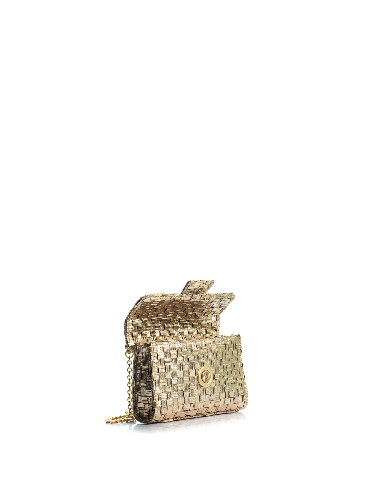 Open view of the KOORELOO Basset Envelope Mini Gold Braid handbag with metallic woven texture, structured flap, top handle, gold-tone emblem and chain strap