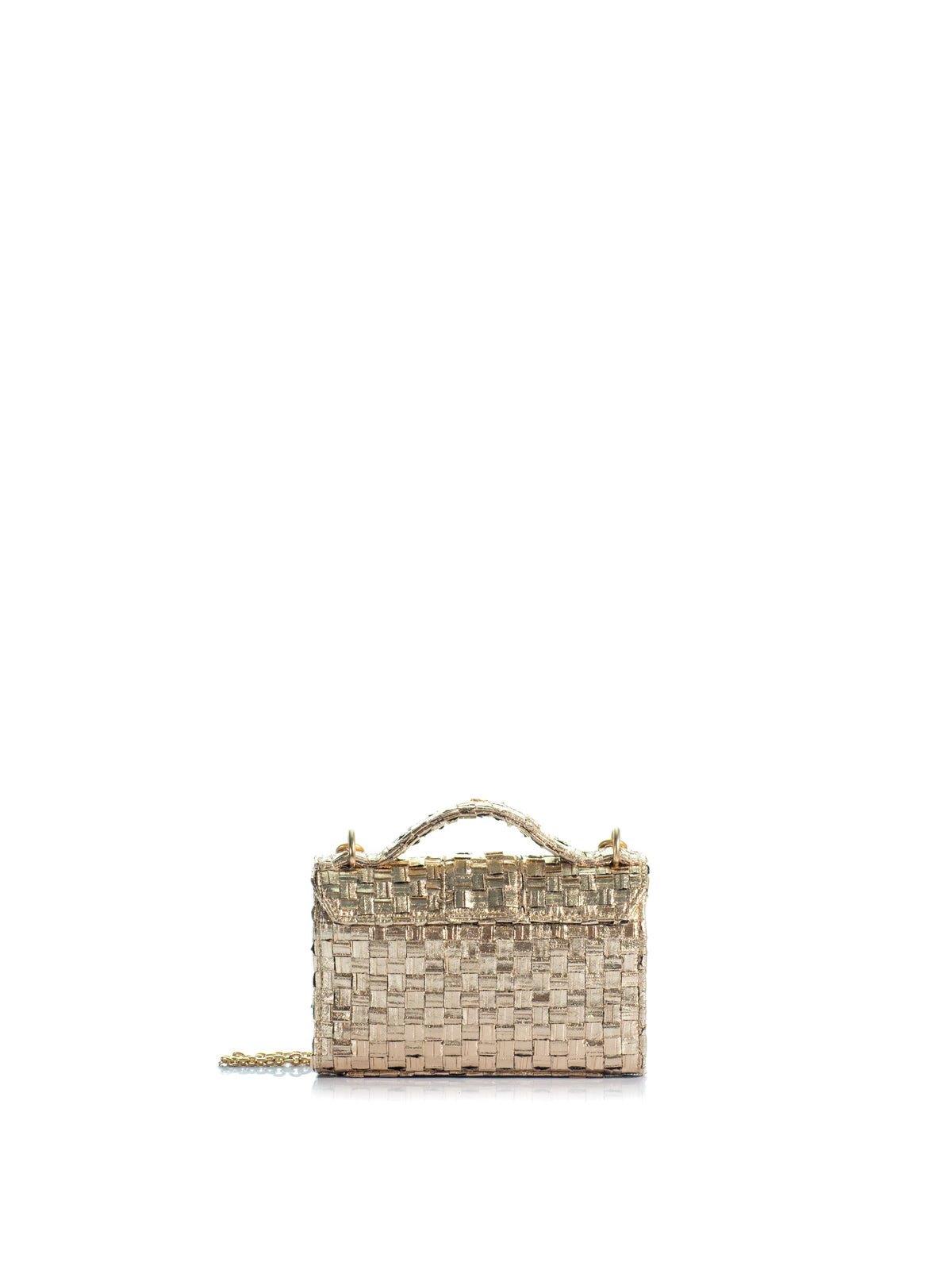 Back view of the KOORELOO Basset Envelope Mini Gold Braid handbag with metallic woven texture, structured flap, top handle, gold-tone emblem and chain strap