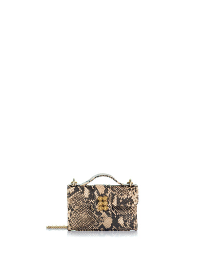 KOORELOO The Basset Envelope Mini in beige and brown snake-print leather with structured flap, top handle, gold-tone six-circle emblem and chain strap
