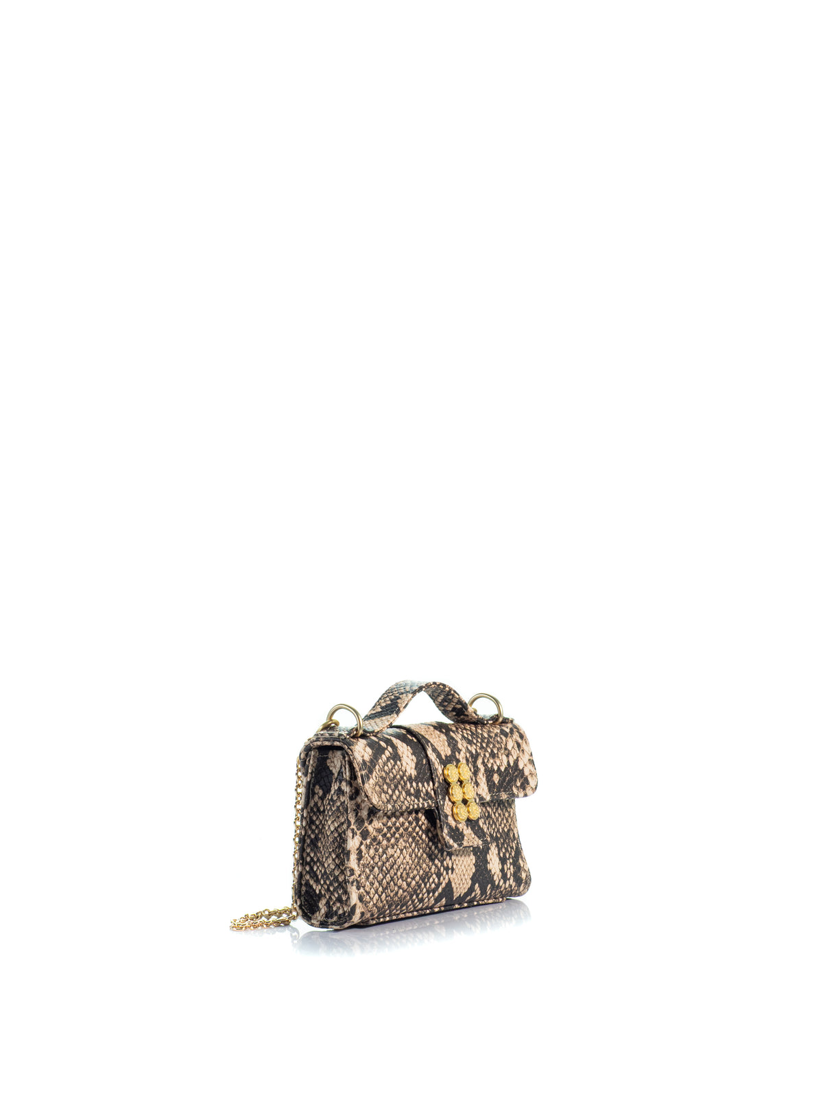 Side view of the KOORELOO Basset Envelope Mini in beige and brown snake-print leather with structured flap, top handle, gold-tone six-circle emblem and chain strap