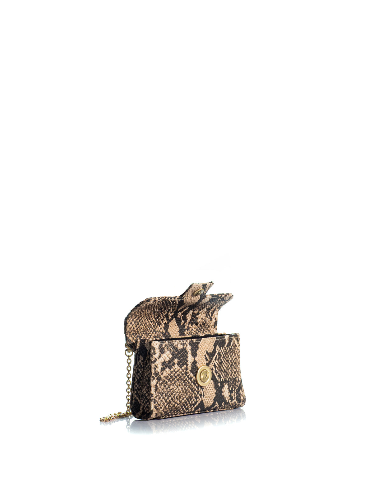 Open view of the KOORELOO Basset Envelope Mini in beige and brown snake-print leather with structured flap, top handle, gold-tone six-circle emblem and chain strap