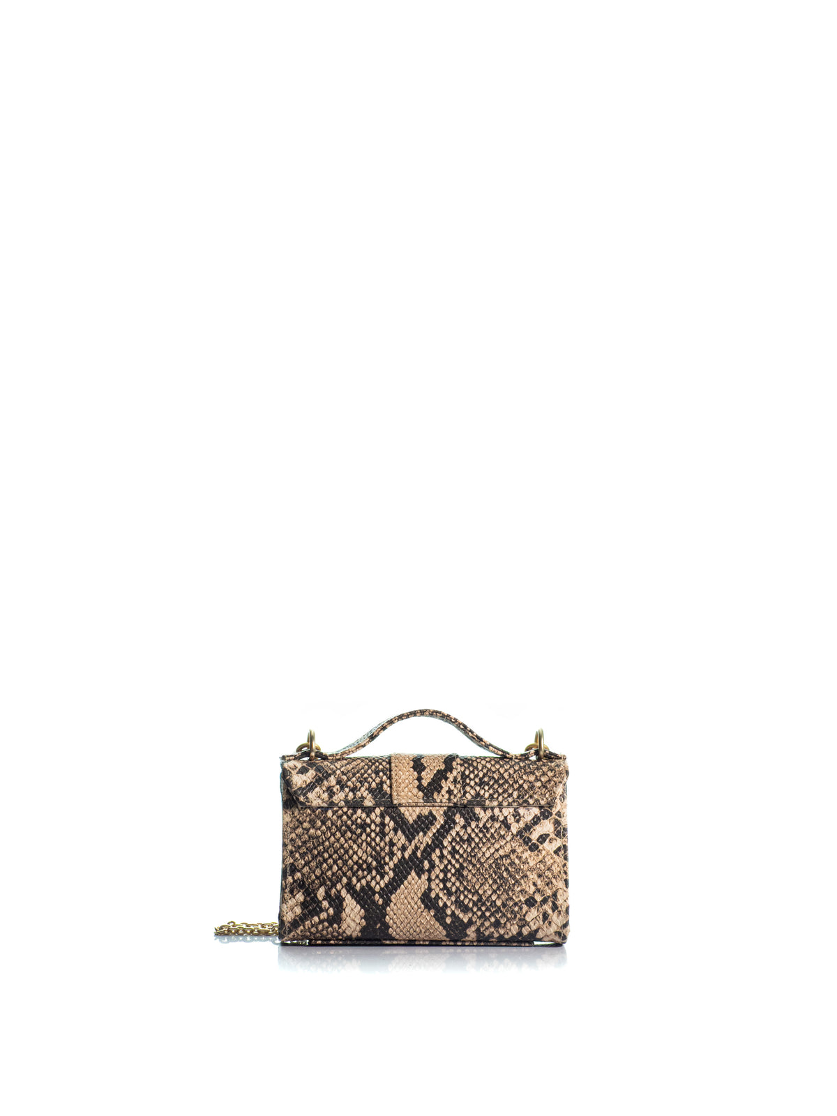 Back view of the KOORELOO Basset Envelope Mini in beige and brown snake-print leather with structured flap, top handle, gold-tone six-circle emblem and chain strap