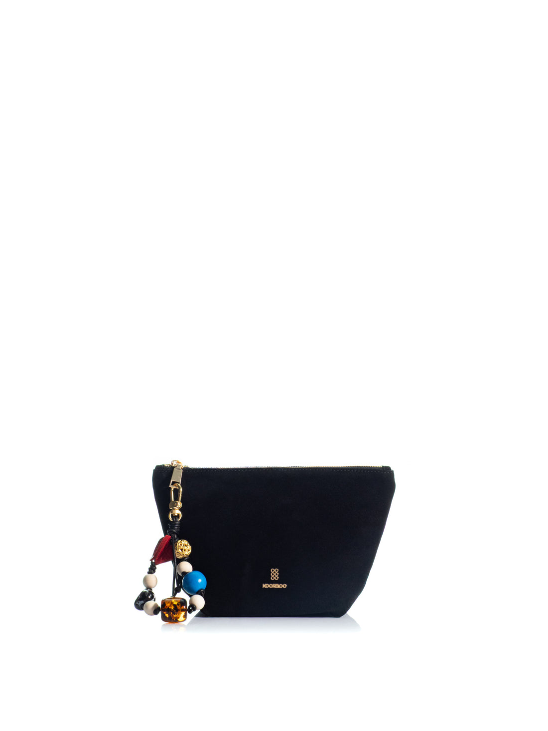 KOORELOO The Charming Pouch in black suede with curved silhouette, gold-tone logo, zip closure and colorful decorative beaded charm