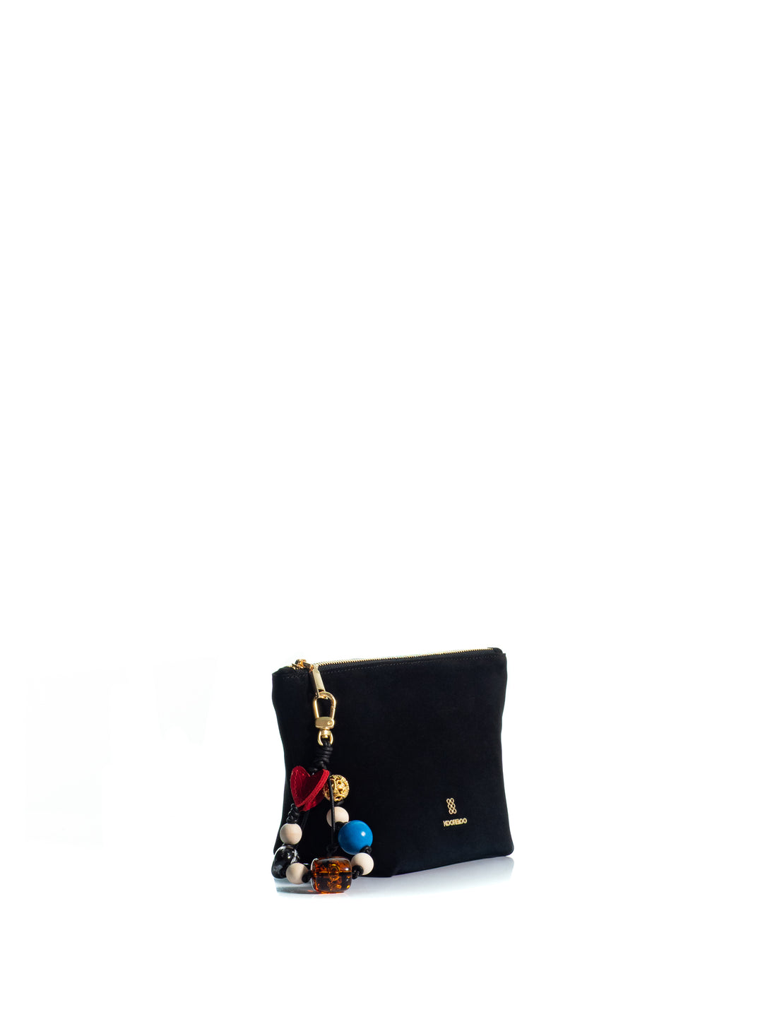 Side view of the KOORELOO Charming Pouch in black suede with curved silhouette, gold-tone logo, zip closure and colorful decorative beaded charm