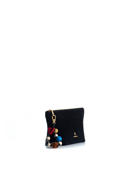 Side view of the KOORELOO Charming Pouch in black suede with curved silhouette, gold-tone logo, zip closure and colorful decorative beaded charm