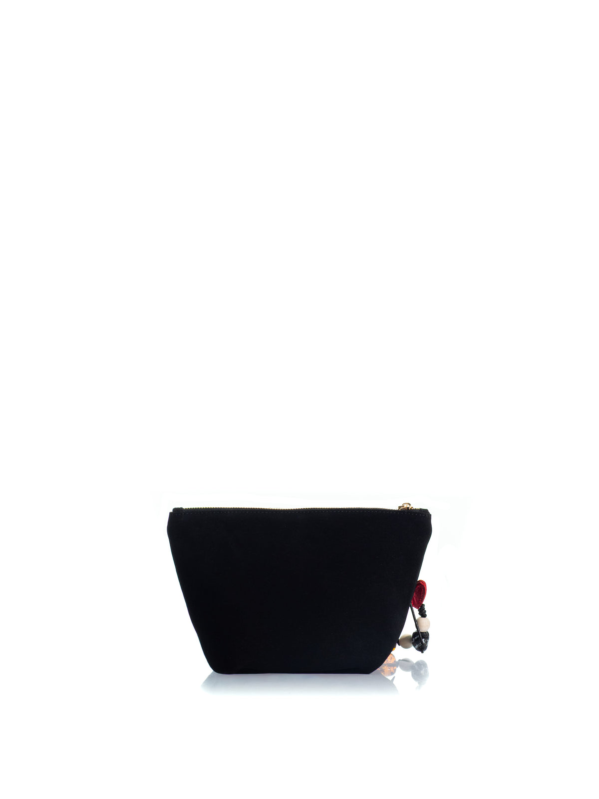 Back view of the KOORELOO Charming Pouch in black suede with curved silhouette, gold-tone logo, zip closure and colorful decorative beaded charm