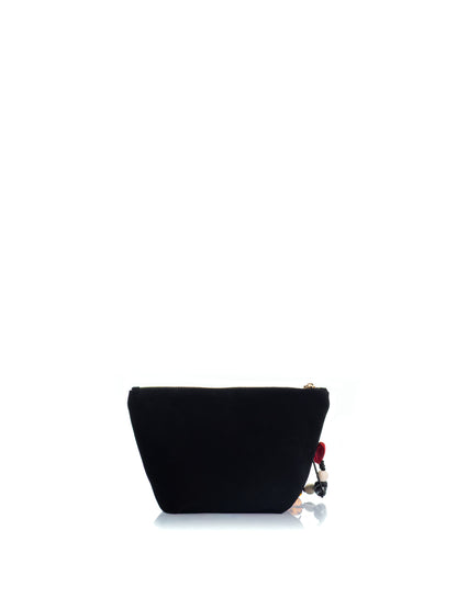 Back view of the KOORELOO Charming Pouch in black suede with curved silhouette, gold-tone logo, zip closure and colorful decorative beaded charm