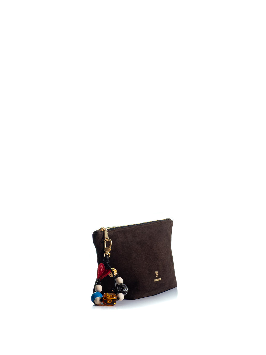 Side view of the KOORELOO Charming Pouch in dark brown suede with curved silhouette, gold-tone logo, zip closure and colorful decorative beaded charm